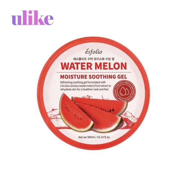 Esfolio Moisture Soothing Gel Watermelon 300ml For All Skin Type (150g) Moisturizing, Soothing & Calming Function ဖရဲသီးမှရရှိသော Citrullus Lanatus ပါဝင်သောကြောင့် ရေဓါတ်ပြန်လည်ဖြည့်တင်းပေးပြီး ကျန်းမာသောအဟာရကို ရရှိစေပါသည်။